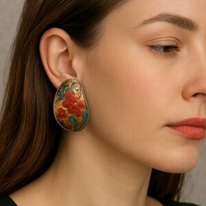 Cloisonné Earrings Vintage Floral 1.5” long pierced pink beige